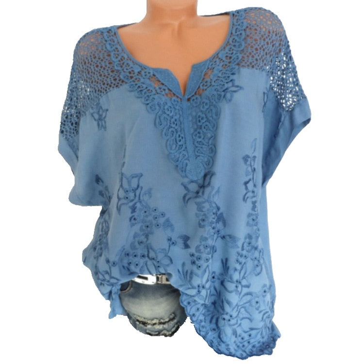 Sofelo Women's Lace Blouses Sexy V Neck Short Sleeve Embroidered Batwing Loose Shirt