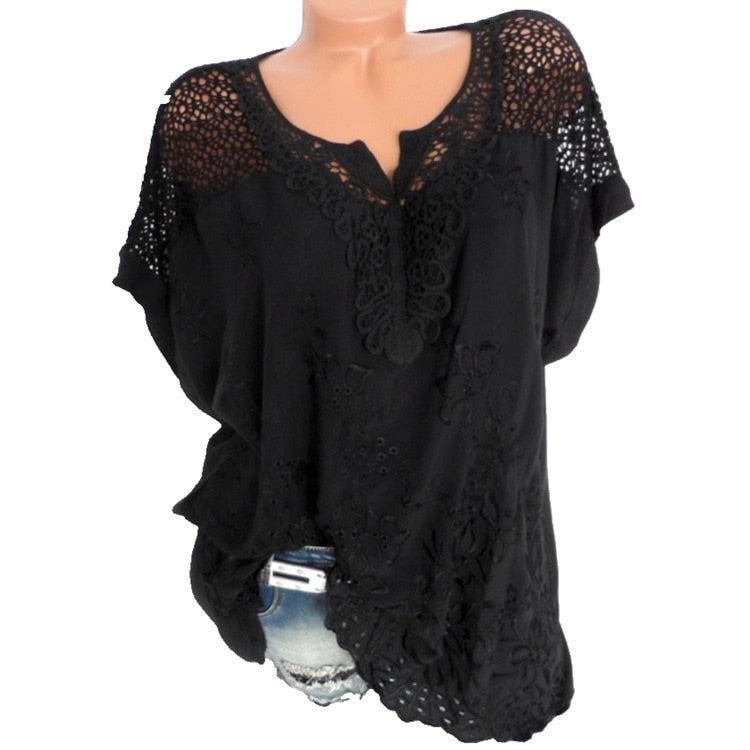 Sofelo Women's Lace Blouses Sexy V Neck Short Sleeve Embroidered Batwing Loose Shirt