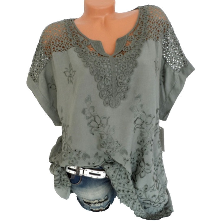 Sofelo Women's Lace Blouses Sexy V Neck Short Sleeve Embroidered Batwing Loose Shirt